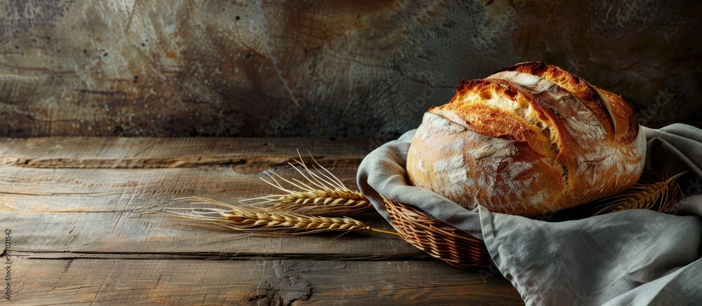 Poster aromatic freshly baked bread on the table with copy space image