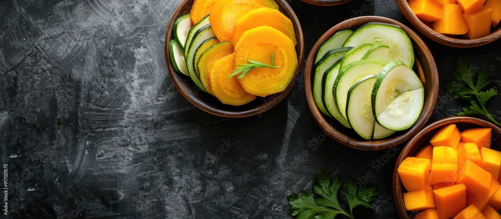Poster bowls containing sliced potato pumpkin and zucchini with copy space image