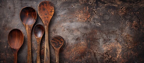 Wooden cooking utensils with wear and tear ready for restoration with a background of a blank copy space image