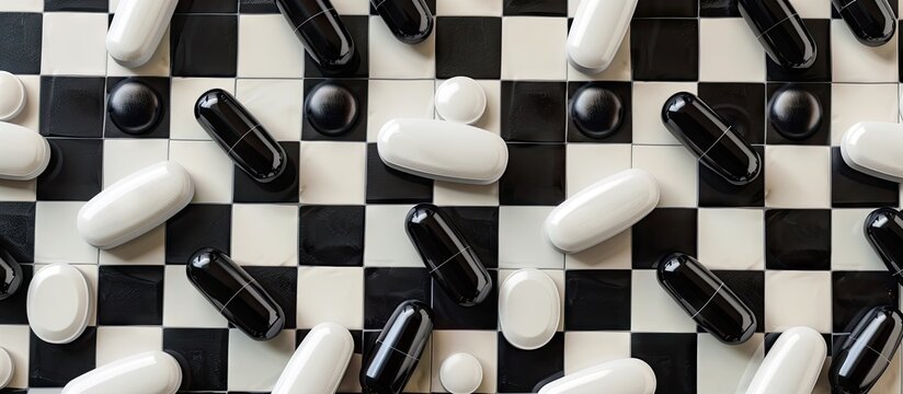 Checkered pattern with Vitamin K in white and iron in black on a copy space image