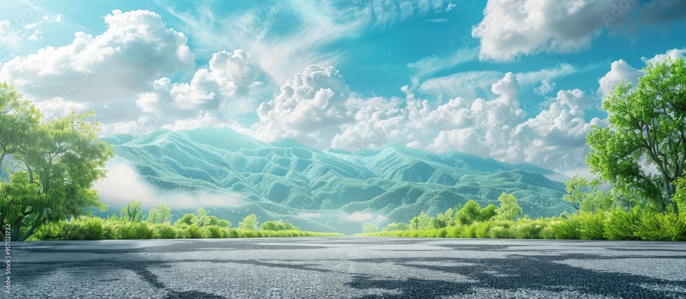 Poster sunny day with sky clouds framing green mountain and asphalt road creating a scenic copy space image