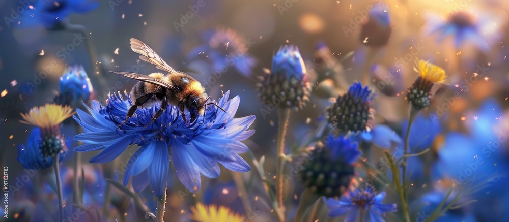 Poster garden scene with a bumblebee resting on a cornflower with copy space image