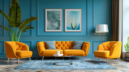 Lounge chairs and sofa against teal classic paneling wall with art posters Midcentury style home interior design of modern living