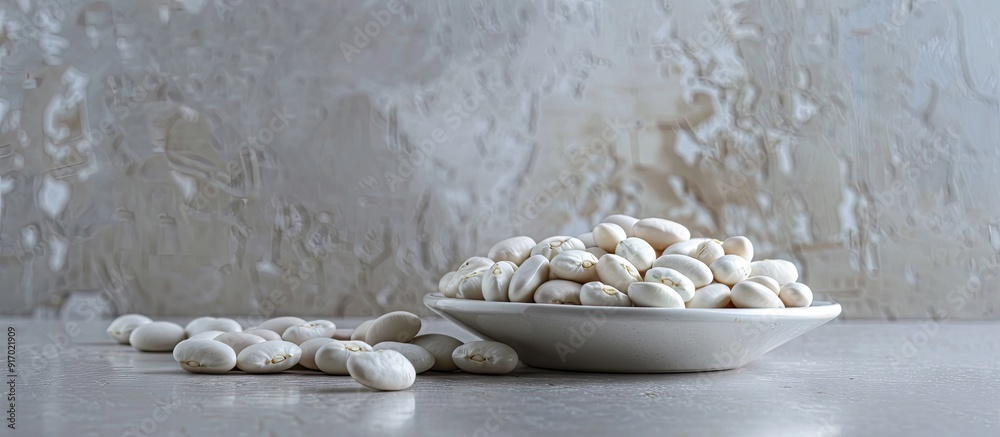 Poster White beans arranged neatly on a table with empty space for text or graphics a copy space image
