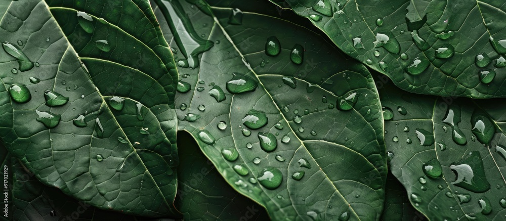 Aufkleber water droplets on an avocado leaf create an evocative image with copy space