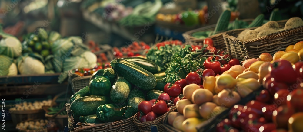 Aufkleber Fresh vegetables on display in a market setting with copy space image available