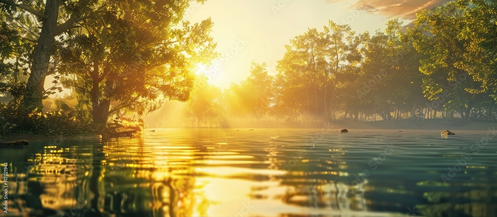Aufkleber a warm summer day with a bright golden sunset peeking through trees by a lake creating a serene copy