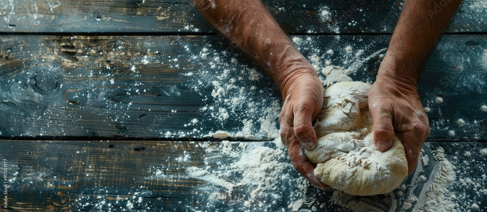 Aufkleber Hands of a man kneading dough made of white wheat flour on a dark wooden surface with space for text or images. . image with copy space