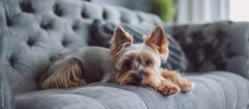 Poster A Yorkshire Terrier dog lounging on a gray sofa with a spacious background for copy space image