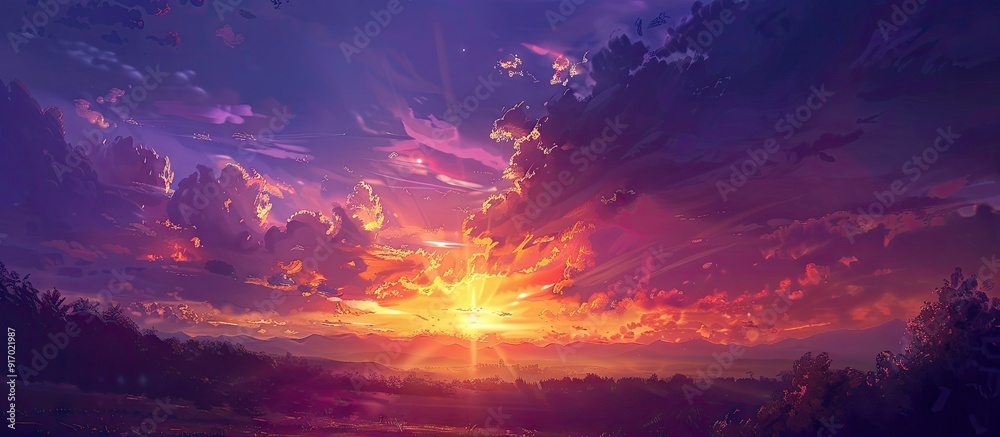 Poster gorgeous hues paint the sky in a mesmerizing sunset with abundant copy space image