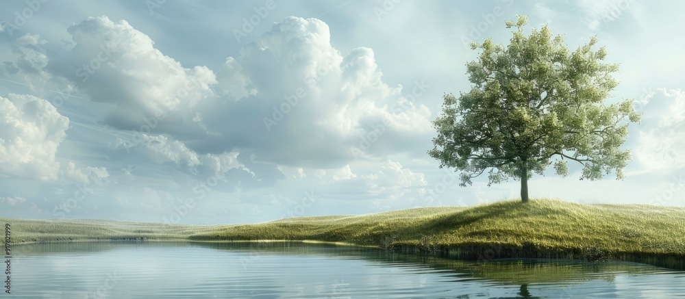 Aufkleber a solitary tree stands tall on a grassy clearing by a tranquil pond perfect for a copy space image