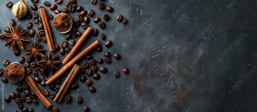 Poster various spices like star anise cinnamon sticks and coffee beans arranged artfully on a sleek dark co