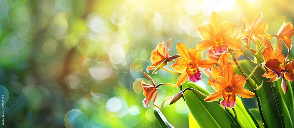 Poster orange bucket orchid in a photograph with a blurred background showcasing ample copy space image