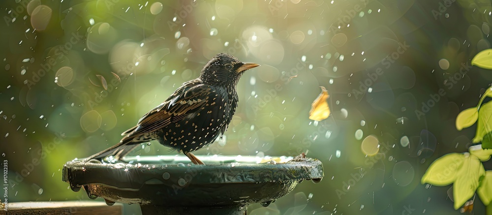 Poster a starling sits by the birdbath with copy space image