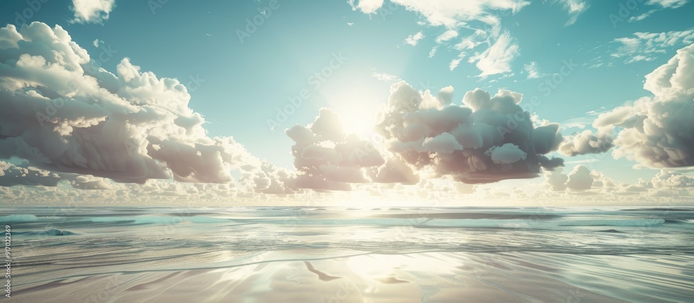 Poster Scenic view of a sunny beach setting with a gorgeous cloudy sky perfect for summer holiday ideas and content creation with a spacious copy space image