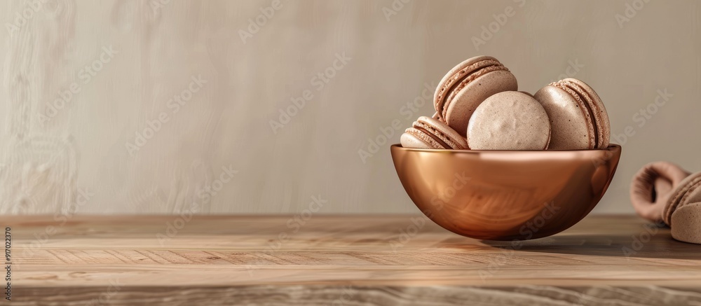 Poster Macarons displayed in elegant copper bowls in front of a blank copy space image