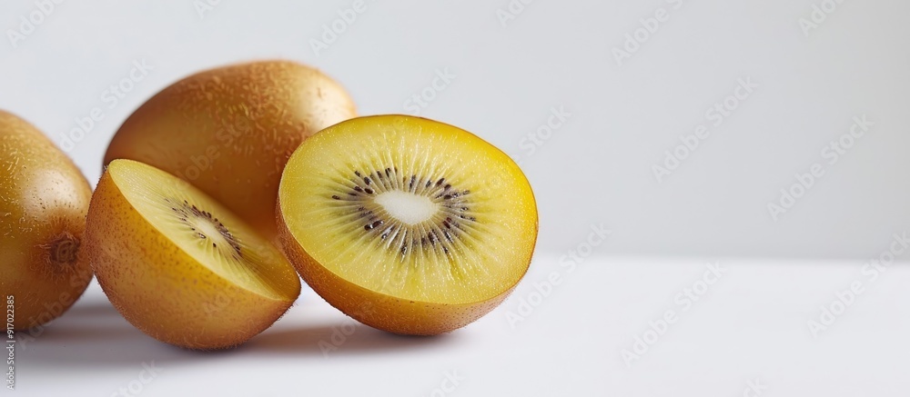 Poster close up image of ripe organic golden kiwis one whole and two halves on a white background with copy