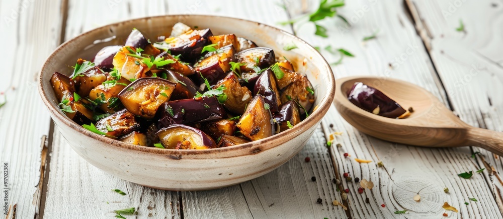 Aufkleber studio photograph of a ceramic bowl with vegetable saute featuring eggplants set on a white wooden t