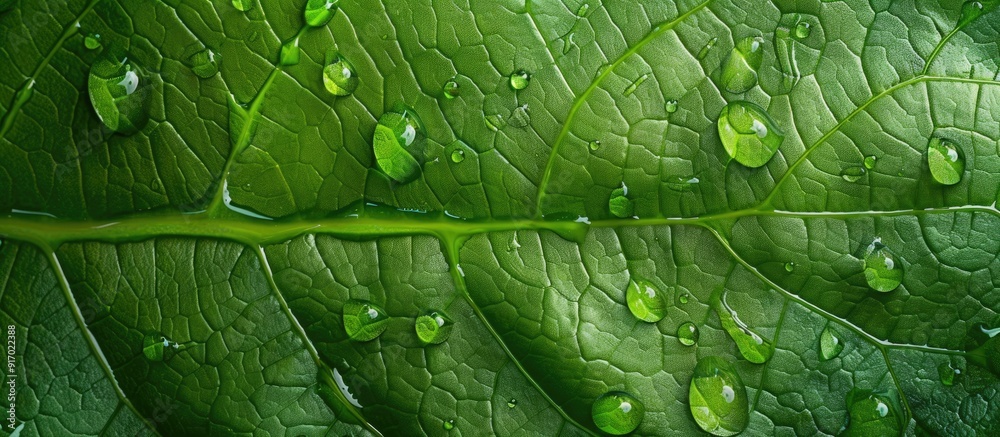 Aufkleber water droplets on an avocado leaf create an evocative image with copy space