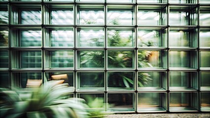 Obraz premium A green building with a large window that has a plant in it