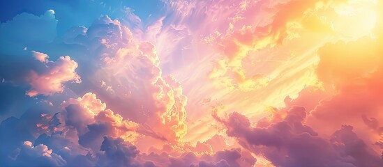 A stunning sky at dawn and dusk with vibrant hues of gold pink blue and more Clouds paint the twilight morning and evening sky creating a scenic cloudy copy space image