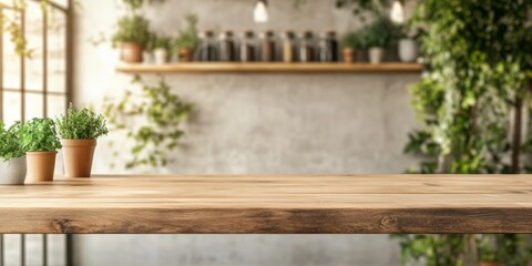 Stylish kitchen bar with a wooden surface, surrounded by a bright and blurred cafe interior, ideal for product display and marketing