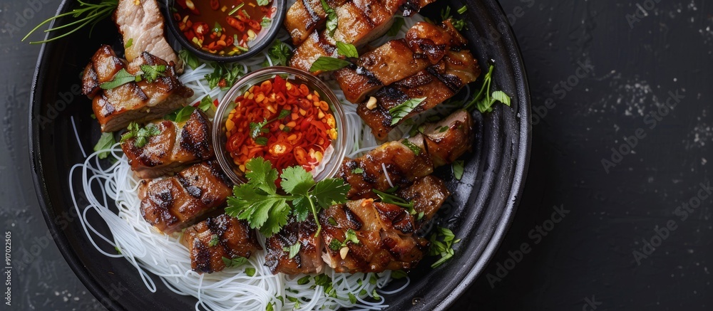 Poster a popular vietnamese dish called bun cha featuring grilled pork and rice noodles garnished with herb