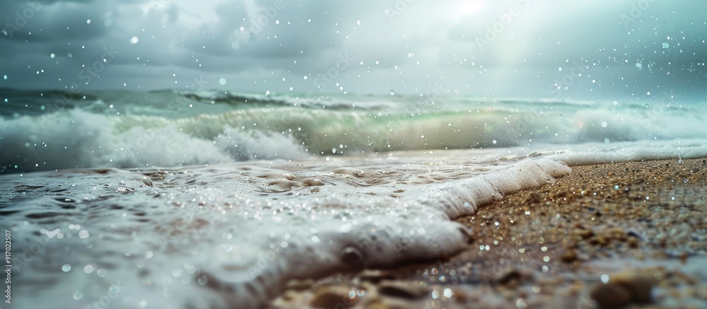 Poster rainy weather at the beach with tall waves featuring a copy space image