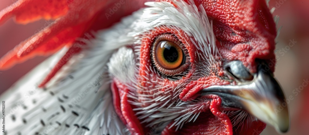 Poster close up of a carijo chicken s face featuring white plumage grey markings and a vibrant red crest in