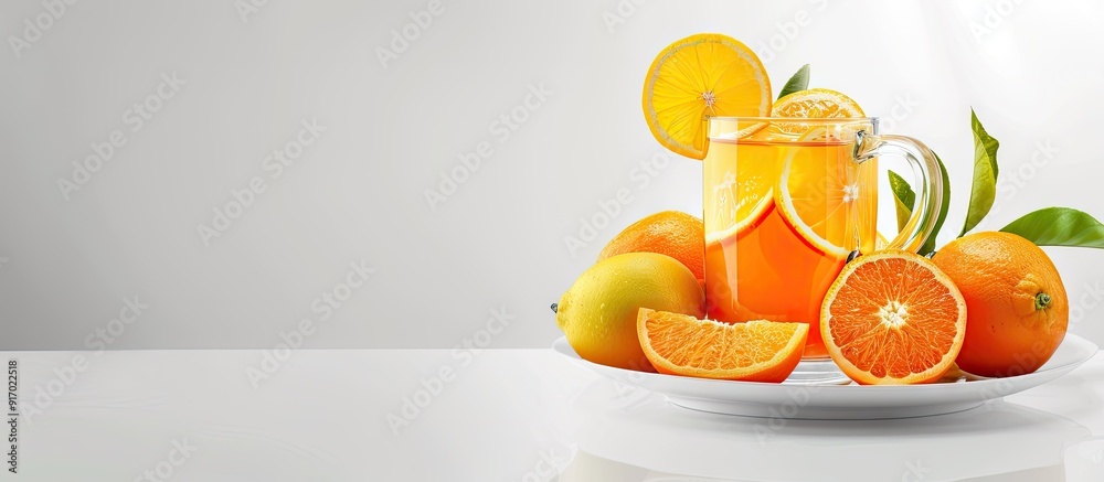 Poster Glass mug filled with iced juice accompanied by a plate of citrus fruits both whole and sliced against a blank background in the copy space image