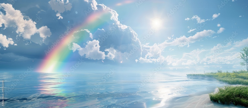 Poster scenic view of a rainbow over the bright sky and seaside with a copy space image