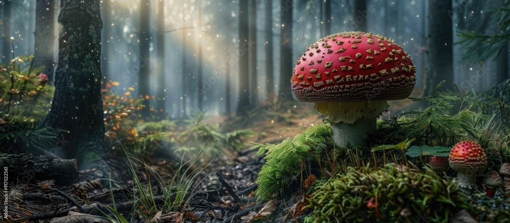 Poster Toxic mushroom in a pine forest with copy space image