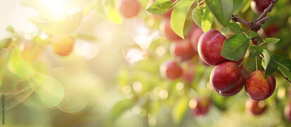 Aufkleber a sunny morning in the garden showcases ripe plums hanging from branches with a selective focus crea