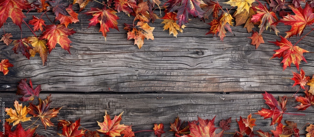 Poster Fall themed background featuring red and yellow autumn leaves on weathered wood ideal for your seasonal message with space for an image. . image with copy space