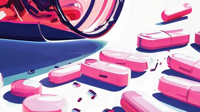Animated close-up of a pill bottle and capsules, detailed in vector illustration style on a white background.