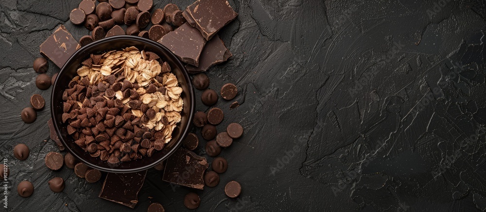 Poster healthy snack with oatmeal and chocolate morsels on a black background in an enticing copy space ima