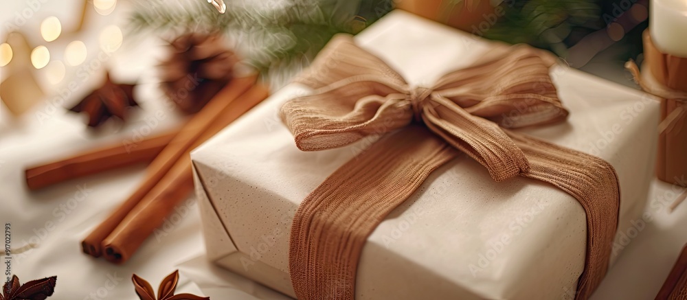 Poster bow adorned gift with cinnamon stick decorations on a white backdrop featuring copy space image