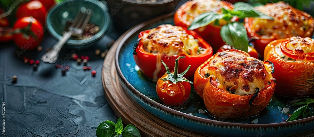 Poster Peppers stuffed with cheese and baked creating a delicious dish with copy space image