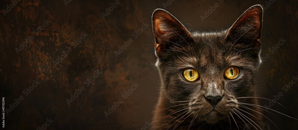 Poster Interested feline with a rich chocolate coat and bright yellow eyes creating an inquisitive appearance in a copy space image