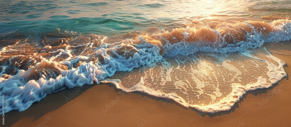 Poster a serene beach scene with a wave rolling onto the sand at sunset evoking feelings of holiday tranqui