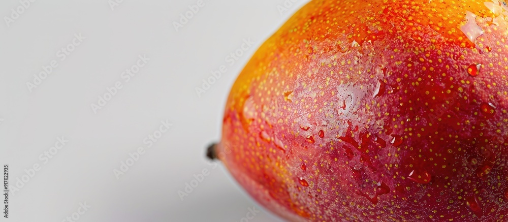 Poster Close up studio photo of an organic mango fruit macro with full depth of field isolated on a white background with a clipping path for a copy space image