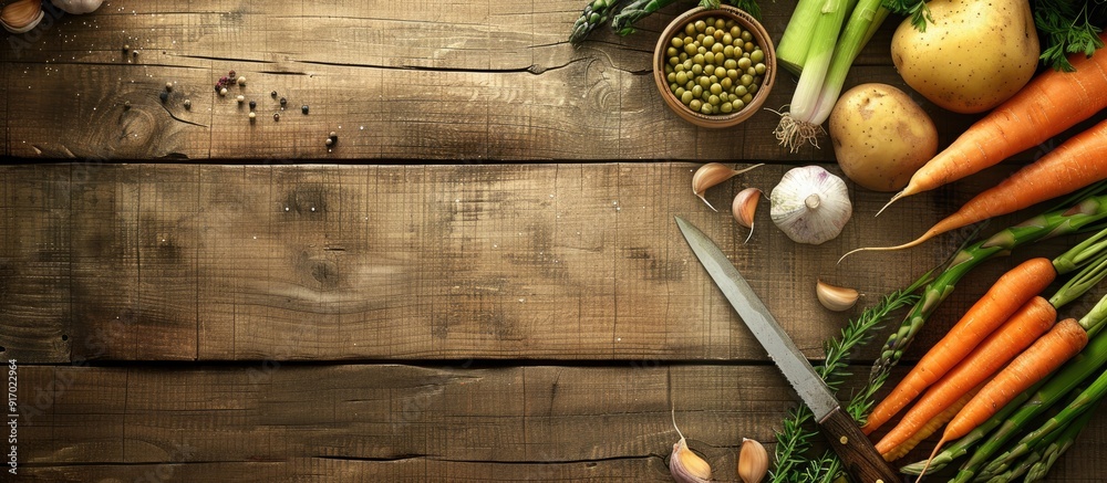 Aufkleber A wooden background with frame material including vegetables like potato carrot and garlic along with asparagus and a knife provides a visually appealing copy space image
