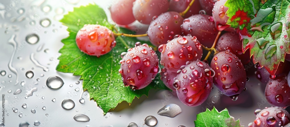 Poster red table grapes with grape leaves featuring water drops on a white background ideal for copy space 