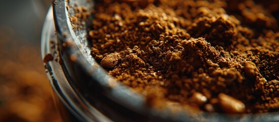 A detailed close up of coffee grounds in a moka pot with a blank space for adding text or images in the background. . image with copy space