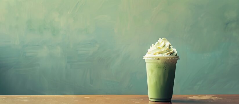 A green tea latte frappe is displayed on a table next to a blank copy space image