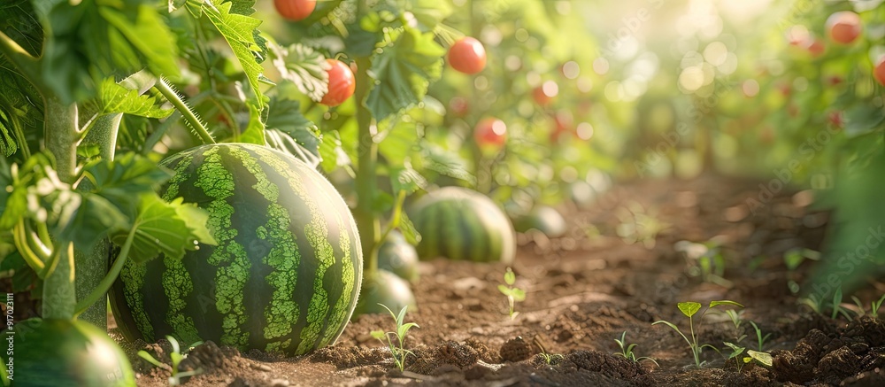 Poster watermelon growing on the vine in a garden with copy space image