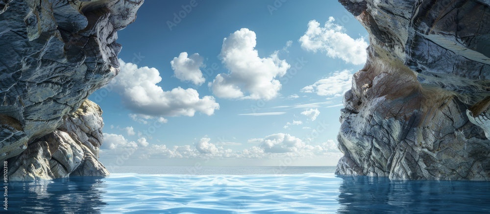 Poster rocky entrance to the sea set against a blue sky with clouds in the background ideal for a copy spac