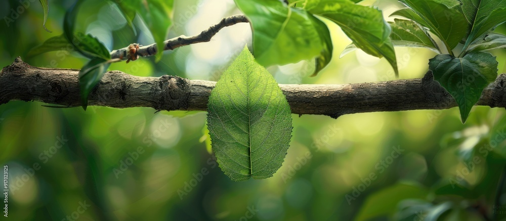 Poster A verdant leaf suspended from a tree branch with ample copy space image available
