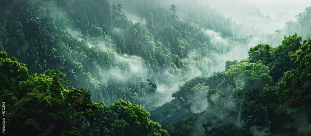 Poster a close up image of a mountain range with fog in the rainy season featuring lush green trees and an 