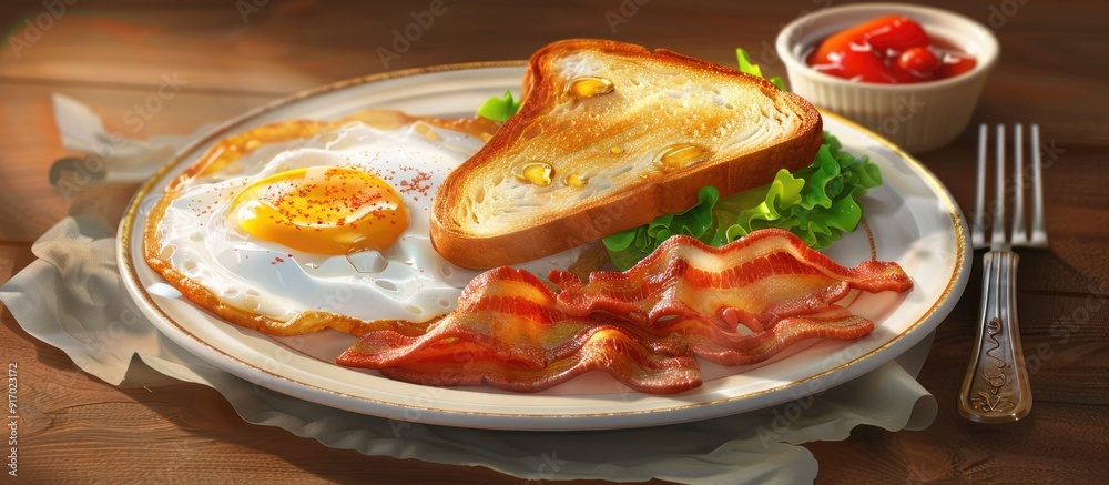 Poster Plate with delicious grilled bread fried egg and crispy bacon displayed on a table with a blank area for additional content in the image